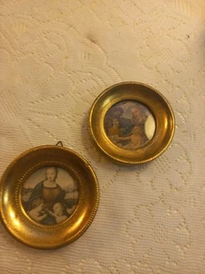 2 RARE VINTAGE GOLD GILT 3.25" ROUND FLORENTIA ITALY PORTRAIT PICTURES Madonna - Picture 1 of 8