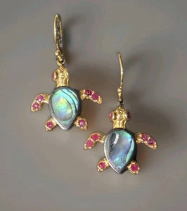 Natural Abalone Inlay & Ruby Turtle 925 Silver Gold Hook Dangle Earrings 2028 - Picture 1 of 6