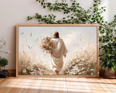 Jesus Walking in Wildflower Field Canvas - Christian Wall Art - Faith Gift - Image 1 of 4