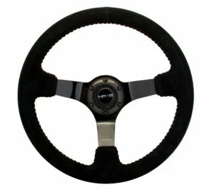 NRG Reinforced Steering Wheel 350mm Blk Suede w/Red Stitch & Black 3-Spoke - Picture 1 of 1