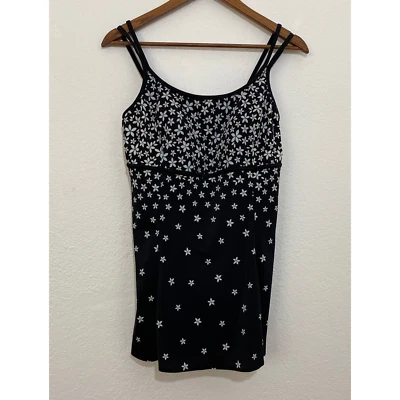Robby Len Size 14 Black Blue Floral One Piece Fit and Flare Strap Swim Dress 34D - Image 1 of 4