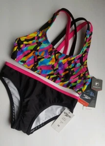 New With Tags Speedo Two Piece Bikini, Girls Size 10, Black & Pink Cross Back - Picture 1 of 10