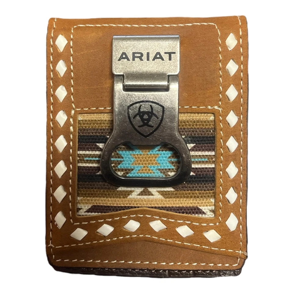Ariat Western Mens Money Clip Leather Fabric Logo Laced Brown A3559302