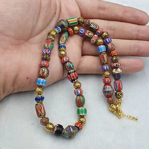 Vintage Tibetan Nepalese beads Chevron Glass Beads Brass Gold Plated Necklace #1 - Picture 1 of 7