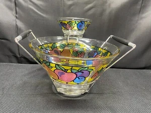 4 Piece Set ~ Stained Glass" FRUIT" Chip Dip Bowls w/ Brass Wood Carrier - Picture 1 of 12