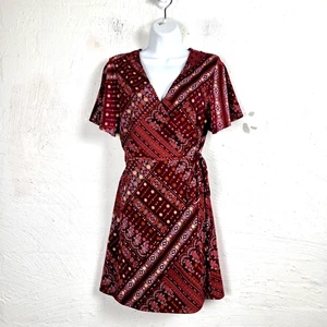 SPORTSGIRL Womens Dress Size S Burgundy Patchwork Stetch Knit Short Sleeve Wrap - Picture 1 of 11