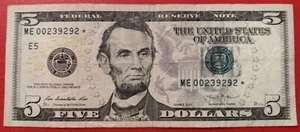 640K Run Size $5 Five Dollar Star Note Serial Number ME00239292* Series 2013 - Picture 1 of 4