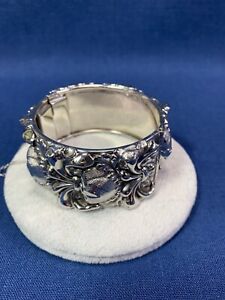 Vintage Signed Whiting & Davis Silver Tone Hinged Repousse Cuff Bracelet
