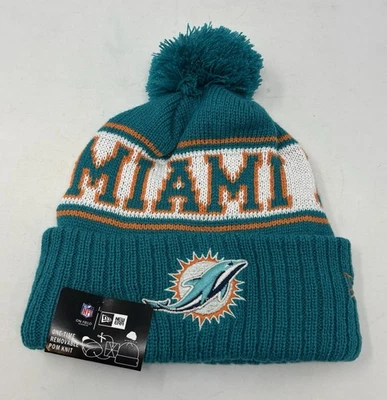 New Era NFL Miami Dolphins Extraíble Pom Tejido Gorro Sombrero Sobre Campo Verde Aguamarina Foto 1 de 4