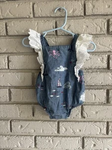 Mud Pie Baby Girls 3-6 Months Blue Chambray Lighthouse Nautical Lace Trim Romper - Picture 1 of 6
