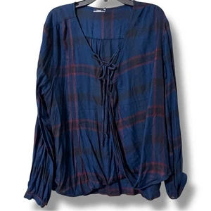 Silver Jeans Co. Damen Gr. XL Schnür V-Ausschnitt Hi Low Bluse 3/4 Ärmel Blau - Bild 1 von 9
