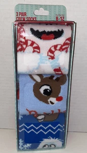 Rudolph the Red-Nosed Reindeer 3 Pair Crew Socks Set Adult Shoe Sz 8–12 Giftable - Picture 1 of 5