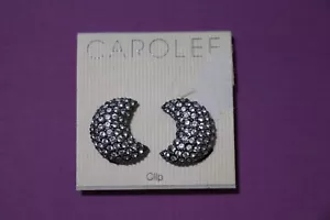 Vintage Caorlee Clip On Earrings Rhinestone 1/2 Moon Shape Silver Tone - Picture 1 of 4