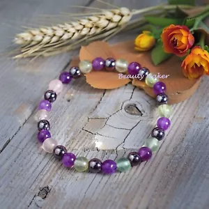 Empath Protection Amethyst Fluorite Hematite Healing Chakra Stretch Bracelet - Picture 1 of 3