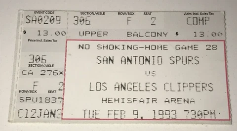 San Antonio Spurs Los Angeles Clippers 2/9/93 NBA Ticket Stub David Robinson HOF Cover