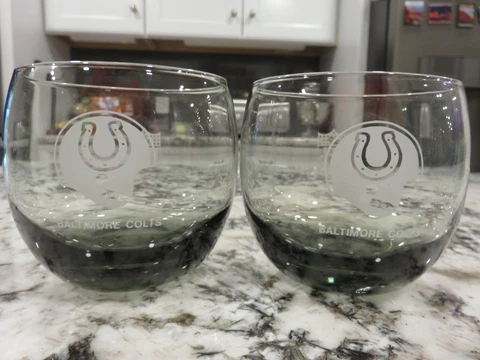 2 Vintage NFL Baltimore Colts Smoke Glass Roly Poly Tumblers Helmet Logo 12 oz Cover