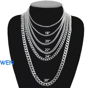 Collar de cadena de plata de acero inoxidable de 16-30" con bordillo cubano para mujer y hombre 3/5/7/9/11 mm - Imagen 1 de 8