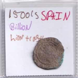 Super Lovely 1500s Spain Copper Billion Coin Colonial Lion Castle - Picture 1 of 2