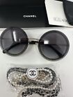 Nib 2023 Chanel Sunglasses Round Pearl Metal Calfskin Chain Women Full Set