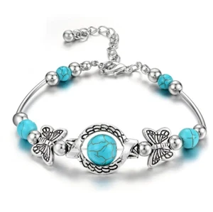 Charm Vintage Jewelry Silver Natural Turquoise Women Girl Butterfly Bracelet - Picture 1 of 12