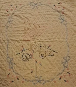 Vintage Embroidered Baby Quilt Yellow 58”x41” Baby Sleeping Under Mushroom - Picture 1 of 7