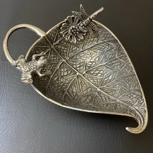 Silver Toned Metal Leaf Shaped With Frog And Dragonfly Tray Trinket Dish - Picture 1 of 5