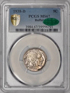 1938-D Buffalo Nickel 5c PCGS MS67 CAC w/ Gold Shield - Picture 1 of 5