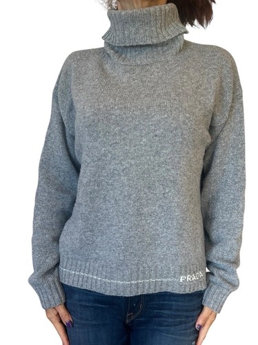 Maglione donna PRADA girocollo grigio lana cashmere intarsiato logo pullover 42 6