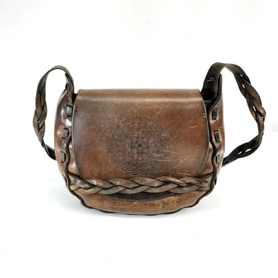 VTG 60s/70s Tooled Leather Hand Painted Floral Bohemian Hippie Shoulder Bag nice - Image 1 of 4