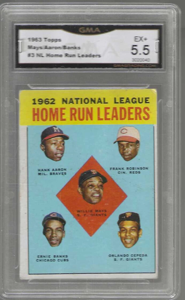 #3  leaders WILLIE MAYS   HANK AARON   ERNIE BANKS    1963 1962  topps  GMA  5.5 - Image 1 of 1