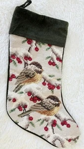 Vintage Wool Needlepoint Christmas Stocking Chickadee Birds with Holly 16” - Picture 1 of 4