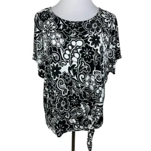 Ruby Rd. Petite Floral Tie Knot Hem Blouse Women's Petite Large Black White - Picture 1 of 8