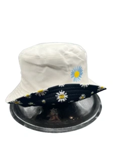Reversible Black Bucket Hat White Daisy Flowers with Embroidered Blue Flower - Picture 1 of 7