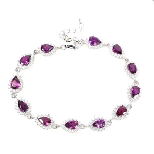 Unheated Pear Rhodolite Garnet 6x4mm Simulated Cz 925 Sterling Silver Bracelet - Picture 1 of 9