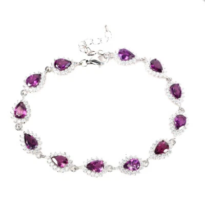 Unheated Pear Rhodolite Garnet 6x4mm Simulated Cz 925 Sterling Silver Bracelet - Image 1 of 4