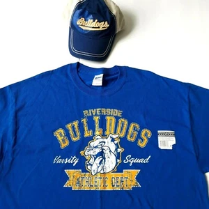 Y2K New Vintage GILDAN Size XL Riverside Bulldogs Royal Blue T-Shirt & Hat - Picture 1 of 9
