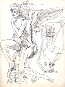 ORIGINAL INK LINE DRAWING "THOUGHTFUL ANGEL" - INK ON PAPER, 8" X 10.75" - Picture 1 of 3