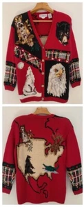 Vtg EAGLES EYE National Wildlife Collection Sweater Cardigan Owl Bear Wolf Eagle - Picture 1 of 7