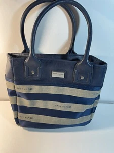 TOMMY HILFIGER TOTE PURSE STRIPED BLUE & Grey LEATHER DOUBLE STRAPS - Picture 1 of 8