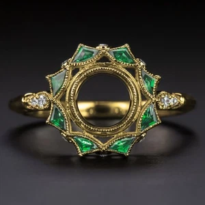 EMERALD DIAMOND RING SETTING ART DECO VINTAGE STYLE HALO YELLOW GOLD ROUND BEZEL - Picture 1 of 2