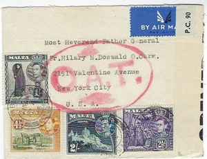 Malta 1946 censored O.A.T. airmail cover Notabile to New York - Picture 1 of 2