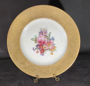 Königlich Bayrisch Hutschenreuther Gold handbemalt Blumen Speiseteller - Bild 1 von 4