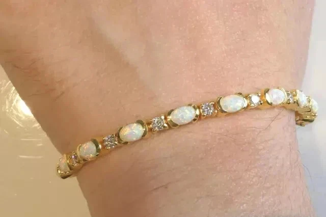 Pulseira de tênis 10 quilates corte oval criada em laboratório opala fogo presente folheada a ouro amarelo 14K - Imagem 1 de 4