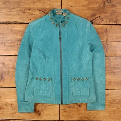 Vintage Ruff Hewn Leather Jacket M Metal Hardware Suede Teal Green Womens - Image 1 of 4