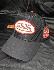 Von Dutch Hat Cap Snap Back Black Red Mesh Trucker Patch Embroidered Mens - Picture 1 of 5
