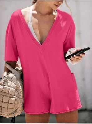 Mono mameluco camiseta de gran tamaño - rojo rosa XS para mujer calce holgado con bolsillos informal Foto 1 de 4