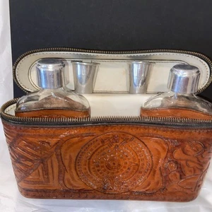 Flask Case Hand Tooled Leather Tequila Cognac Glass Barware/ Jiggers* (A344) - Picture 1 of 14