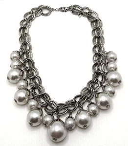Floral Faux Pearl & Silver Tone Dangle Bead Bib Necklace 17" to 20" - Picture 1 of 10