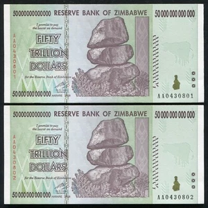 2 CONSECUTIVE 2008 50 TRILLION DOLLARS ZIMBABWE, AA P-90 UNC 100 TRILLION SERIES - Picture 1 of 2
