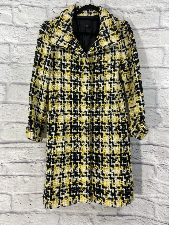 Zara Woman Coat Women’s Large Yellow Black Tweed Plaid Long Sleeve Wool Blend - Image 1 of 4